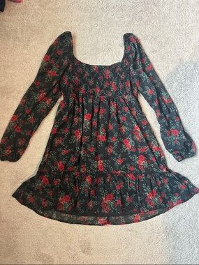 Altar'd State Black Floral long sleeve dress with Red and Green Print